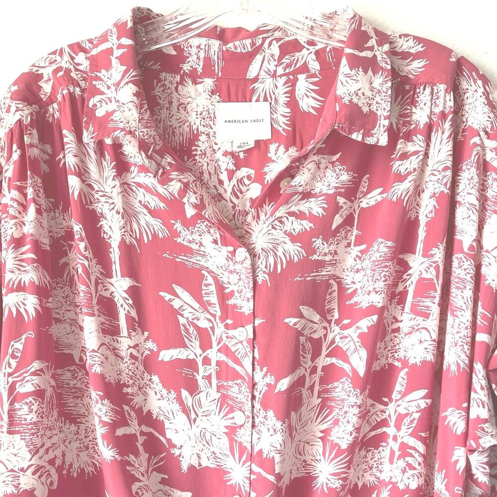 American Eagle Cropped Hawaiian Shirt Womens Size L Casual Coquette Tropical - Picture 2 of 14